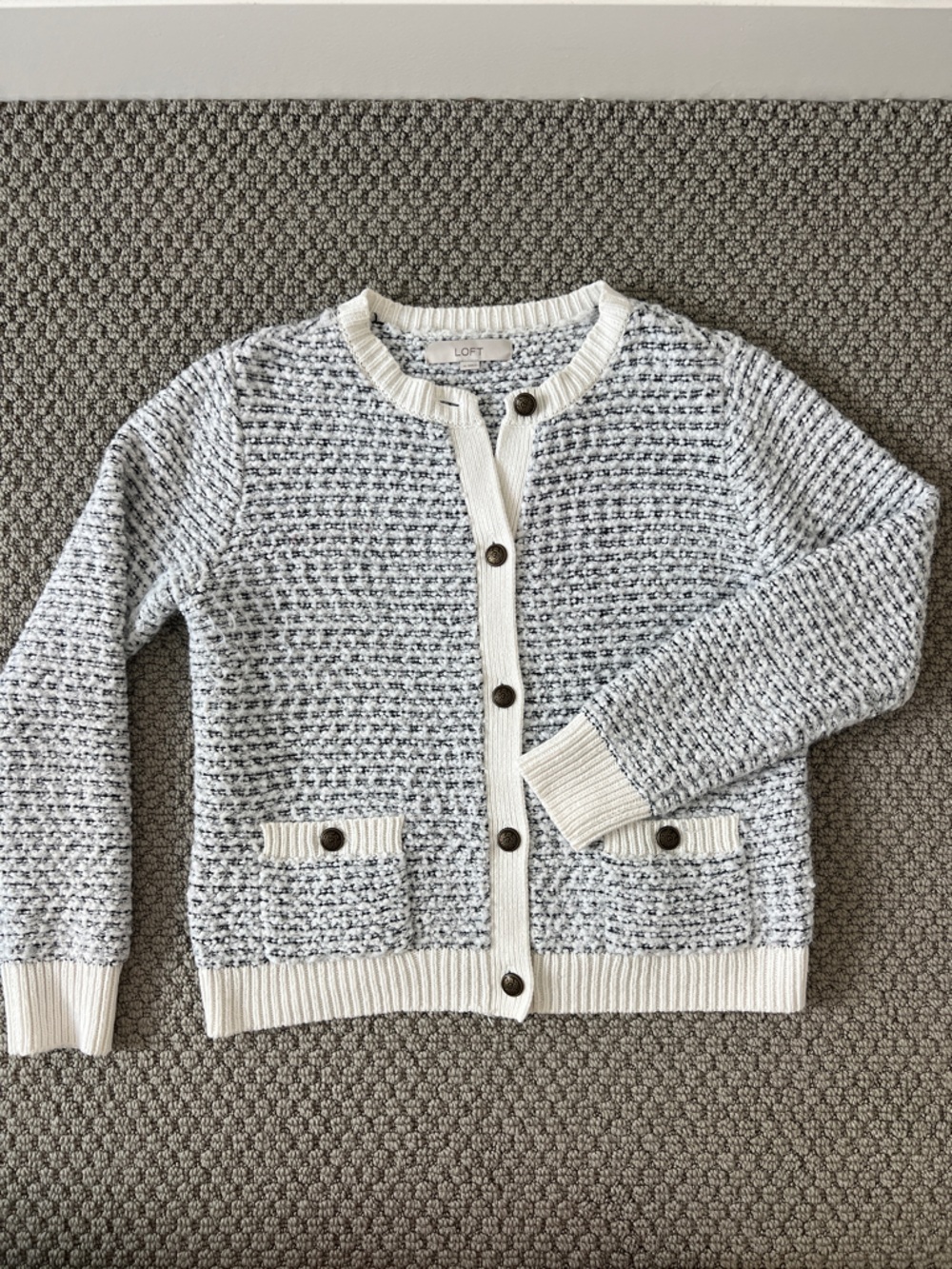 Cream and Gray Knit Button-Front Sweater Cardigan grandma medium LOFT